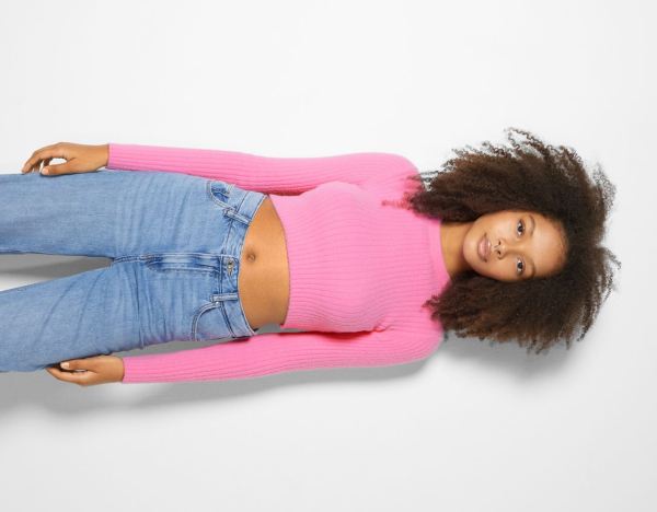 Bershka Crew Neck Gerippt Microfur Pullover Pullover Damen Rosa | R8GLwdkQmgA