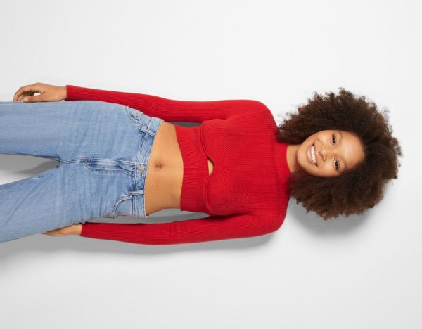 Bershka Gerippt Cropped Pullover With Neckline Detail Pullover Damen Rot | 64tZ1i6w6cI