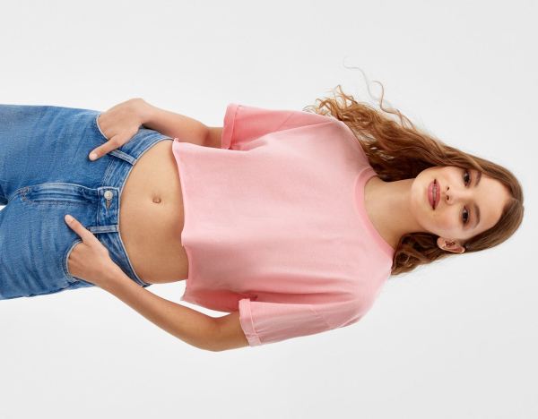 Bershka Kurzes Sleeve Cropped T-shirts Damen Rosa | JTqIg7sWCFS