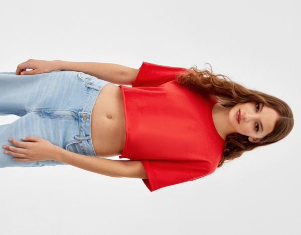 Bershka Kurzes Sleeve Cropped T-shirts Damen Rot | tlteKlgaOOl