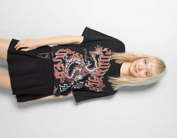 Bershka Kurzes Sleeve With Print T-shirts Damen Schwarz | KGprhKgKLWA