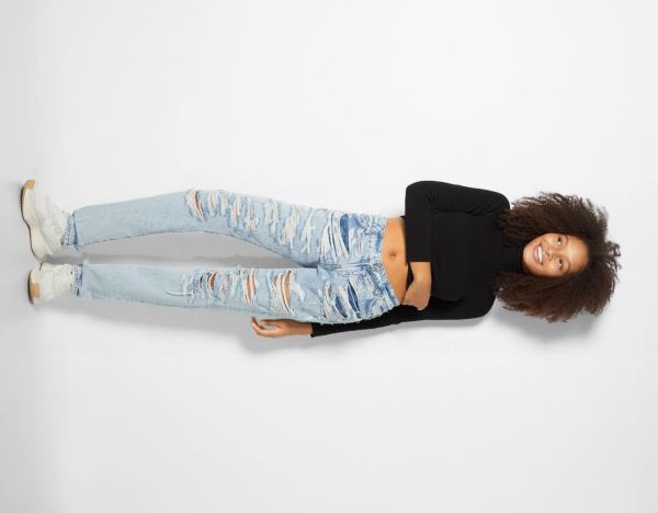 Bershka Ripped Gerade Vintage Jeans Damen Hellblau | KEwWa7Z0vGE