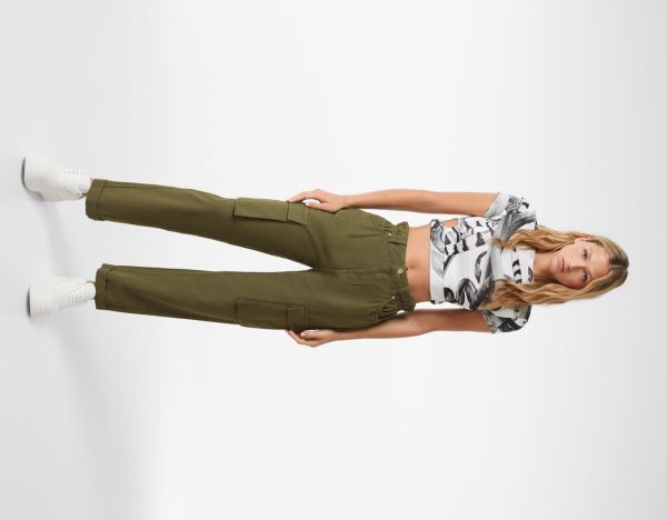 Bershka Twill Cargo With Gathered Taille Hose Damen Khaki | 9vtxqTkUbyp