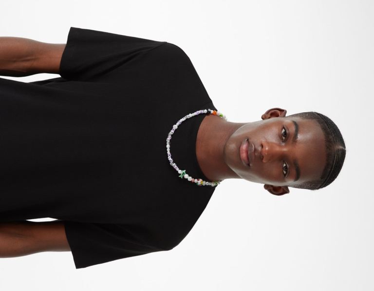 Bershka Beaded Necklace With Slogan Schmuck Herren Schwarz | yA9q1NDCNro