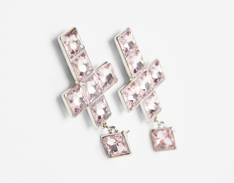 Bershka Bejeweled Cross Earrings Schmuck Damen Silber | bzWd33Fnm6q