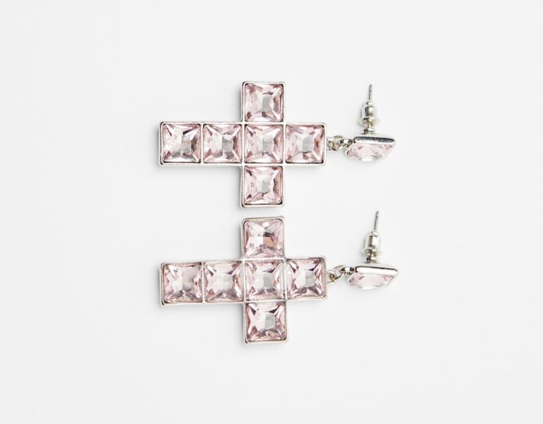 Bershka Bejeweled Cross Earrings Schmuck Damen Silber | bzWd33Fnm6q