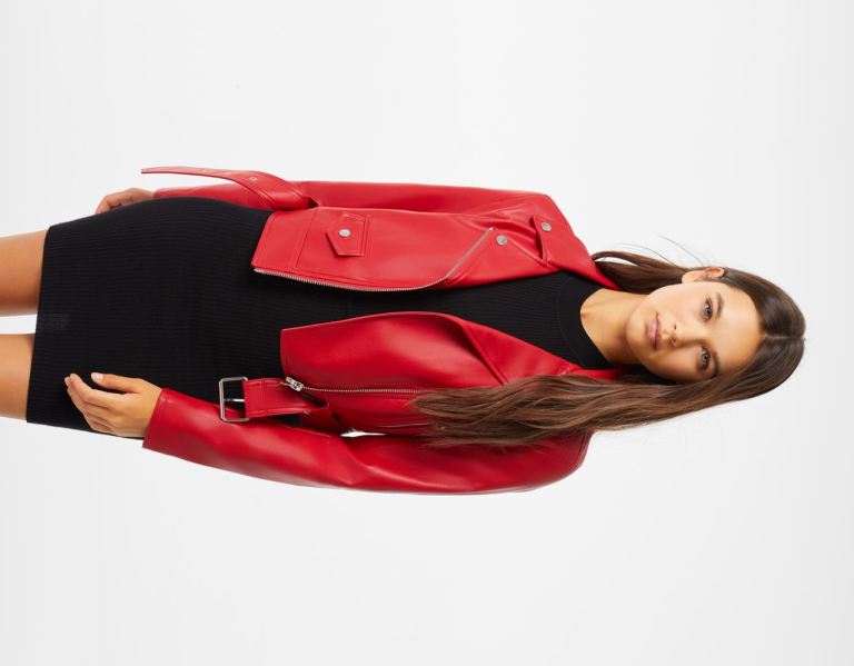 Bershka Belted Faux Leder Biker Jacke Damen Rot | HLyXXn5kt7X