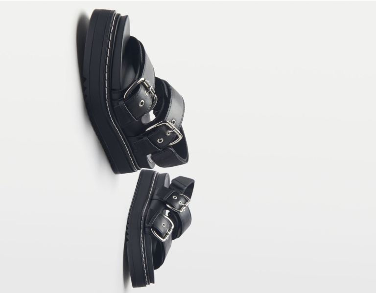 Bershka Buckled Plattform Flache Sandalen Damen Schwarz | 3f6qoT7ixCy