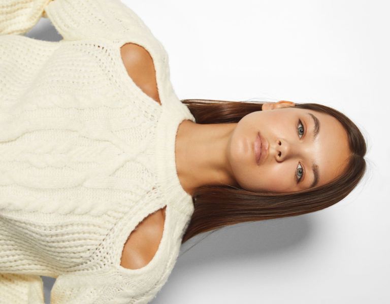 Bershka Cable-knit Cut Out Pullover Strickwaren Damen Weiß | RVbuHMH3KQM