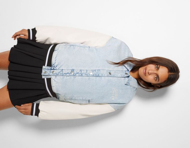 Bershka College Bomber With Faux Leder Sleeves Jacke Damen Hellblau | T1Z8z1Y5ZyY