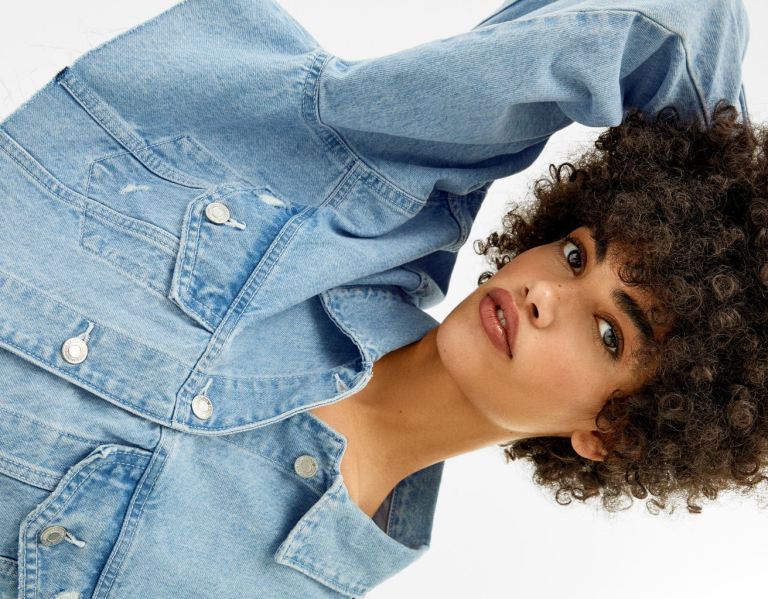 Bershka Cropped Denim Jacke Damen Hellblau | NiQCew9HV7Z