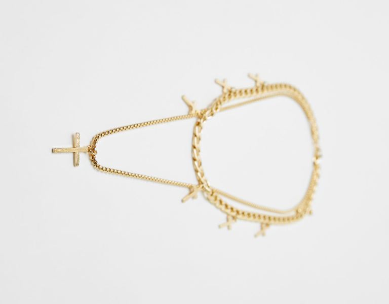 Bershka Double Cross Necklace Schmuck Herren Gold | CPmxDFk0km3