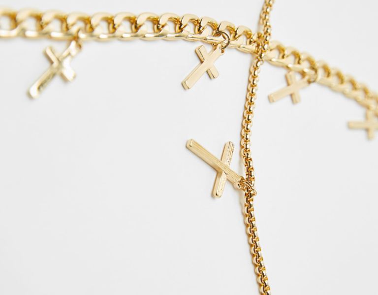 Bershka Double Cross Necklace Schmuck Herren Gold | CPmxDFk0km3