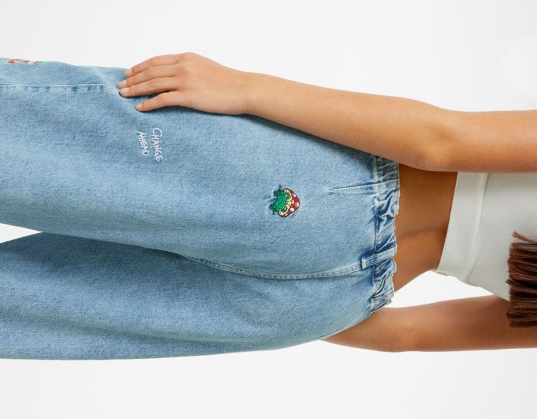 Bershka Embroidered Jeans Parachute Damen Hellblau | GWG2tTSbdOo