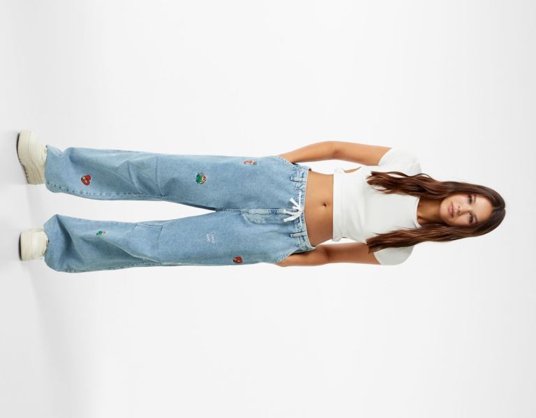 Bershka Embroidered Parachute Jeans Damen Hellblau | afjFSCQrSR8