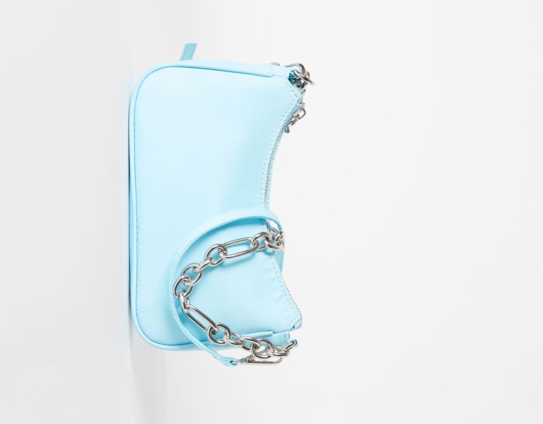 Bershka Faux-nylon Crossbody With Chain Riemen Tasche Damen Blau | 7tUchC2laiD