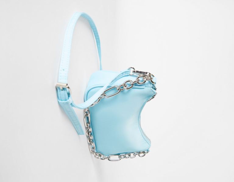 Bershka Faux-nylon Crossbody With Chain Riemen Tasche Damen Blau | 7tUchC2laiD