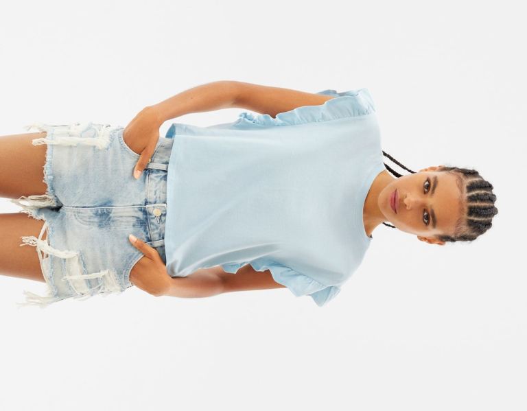 Bershka Frilled Sleeve T-shirts Damen Hellblau | zQQ1NCIZisZ