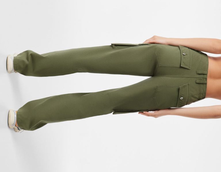 Bershka Gerade Fit Cargo Jeans Damen Khaki | MxbBXIpsg8j