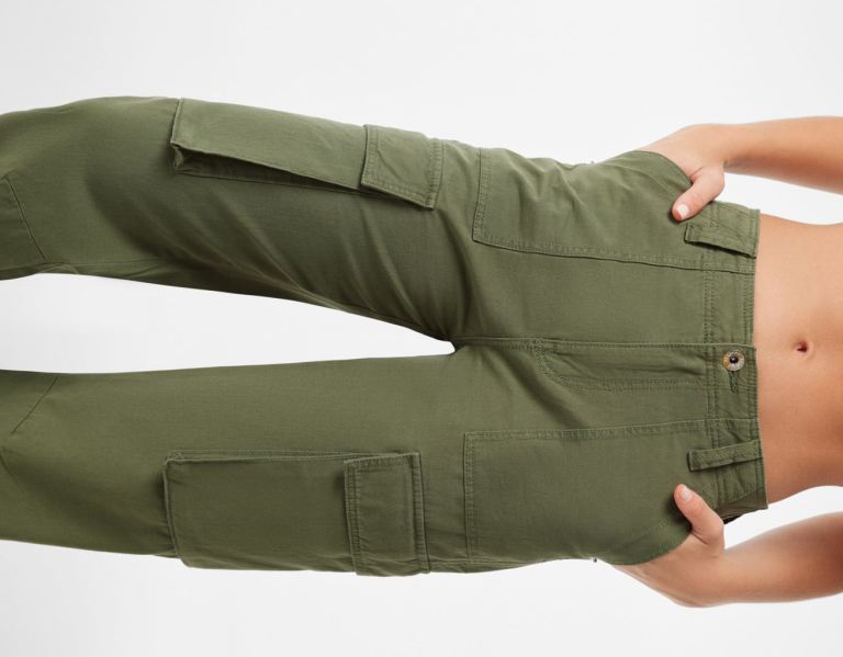 Bershka Gerade Fit Cargo Jeans Damen Khaki | MxbBXIpsg8j