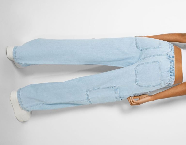 Bershka Jeans With An Elastic Waistband Cargo Damen Hellblau | hTdPhp7EnlG