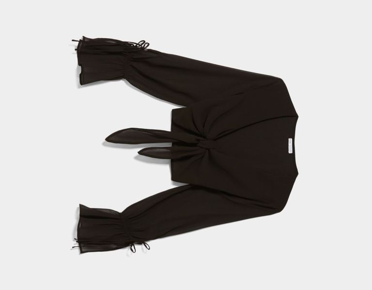 Bershka Long Sleeve Chiffon With Bow Detail And Knot Bluse Damen Schwarz | kUk5XmivTUt