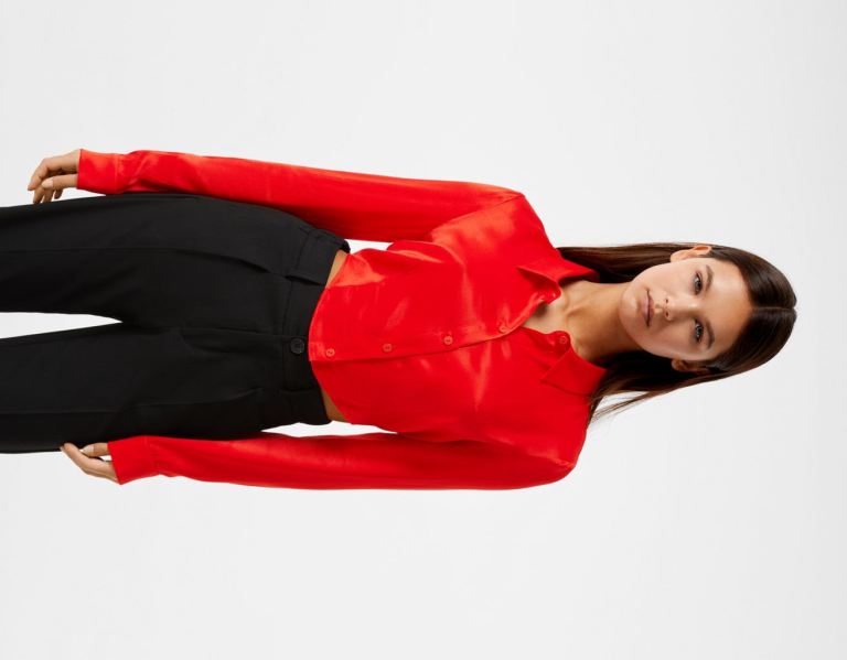 Bershka Long Sleeve Cropped Fitted Satin Hemd Damen Rot | mq8DBhcVbit