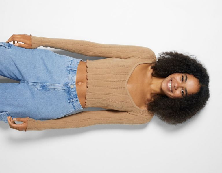 Bershka Long Sleeve Curly Cropped T-shirts Damen Braun | 1VNZQVqKDQx