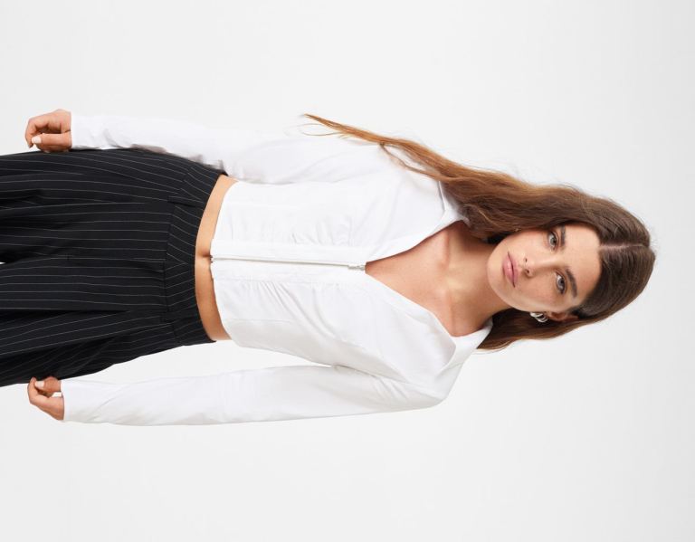 Bershka Long Sleeve Fitted Poplin With Reißverschluss Hemd Damen Weiß | 0e0jNk5pskC