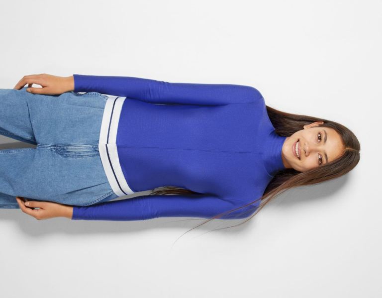 Bershka Long Sleeve High Neck Bodys Damen Blau | IIRIkOpnii4