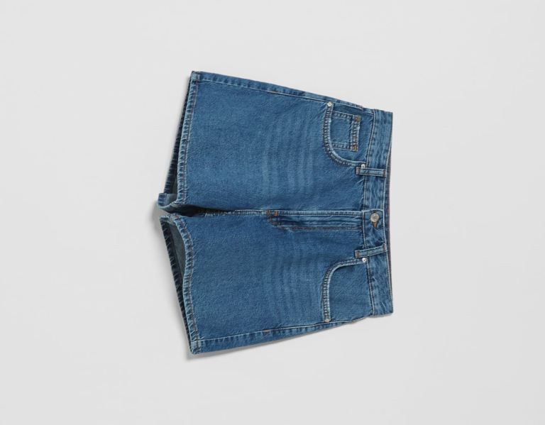 Bershka Mom Fit Denim Kurze Hose Damen Blau | p4LwXXenLrr