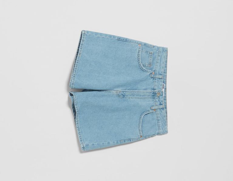 Bershka Mom Fit Denim Kurze Hose Damen Hellblau | YYb3IBOleMj