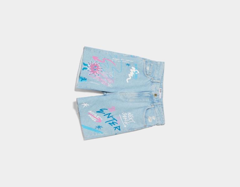 Bershka Printed Denim With Patch Kurze Hose Damen Hellblau | c3YGOyMaYpc