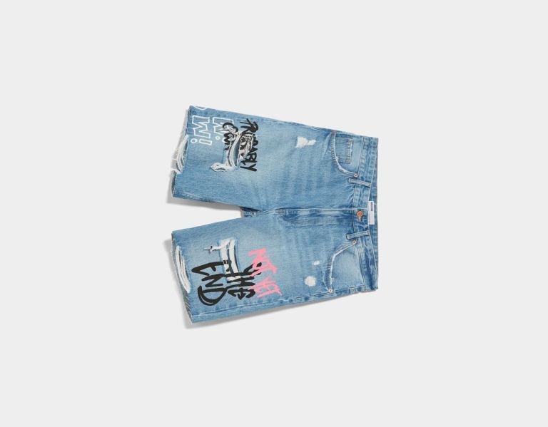 Bershka Printed Ripped Denim Bermuda Kurze Hose Herren Hellblau | OFxhGSHs2Ix