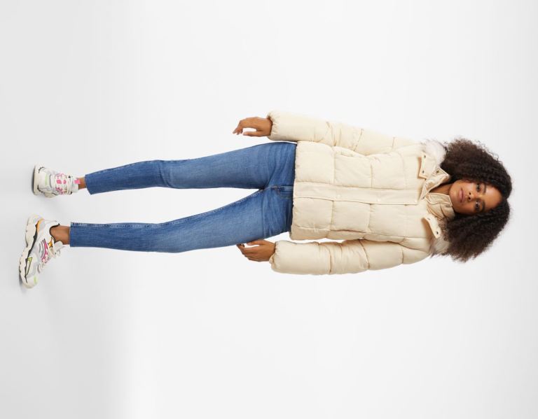 Bershka Puffer With Faux Fur Hood Jacke Damen Grau | MrP1mt6pd7x