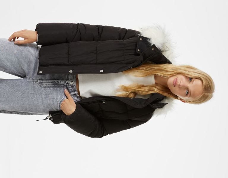 Bershka Puffer With Faux Fur Hood Jacke Damen Schwarz | u220jkM1vN4