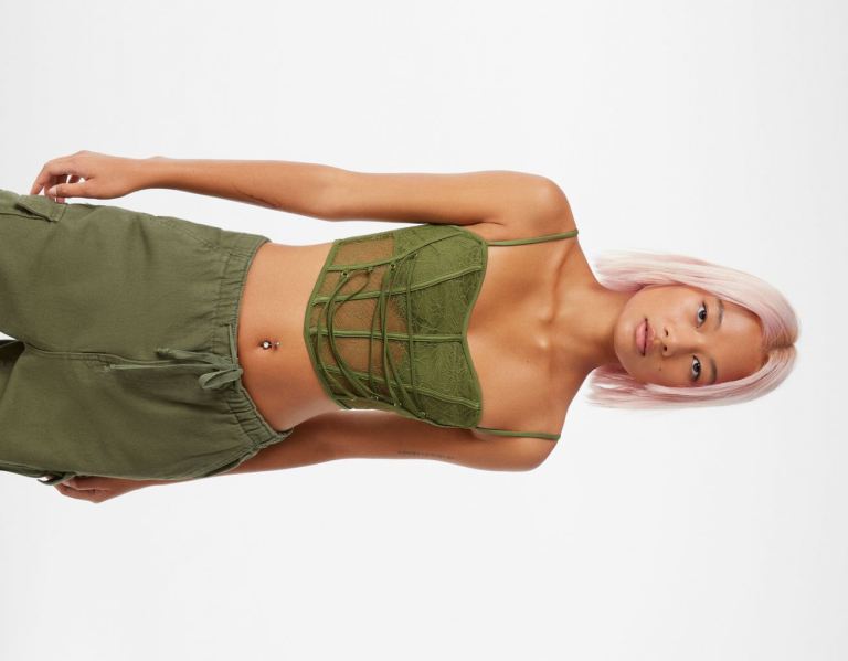 Bershka Riemchen Corset With Spitze Oberteile Damen Khaki | 3hswe0jABfS