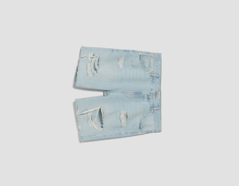 Bershka Ripped Denim Bermuda Kurze Hose Herren Hellblau | ElYszwAcUzA