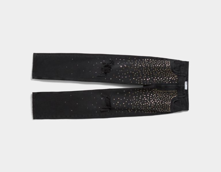 Bershka Ripped Gerade-fit Studded Jeans Damen Schwarz | fmgaRnXodMO