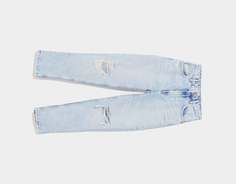 Bershka Ripped Mom Jeans Damen Blau | EAdiKPWh8L9