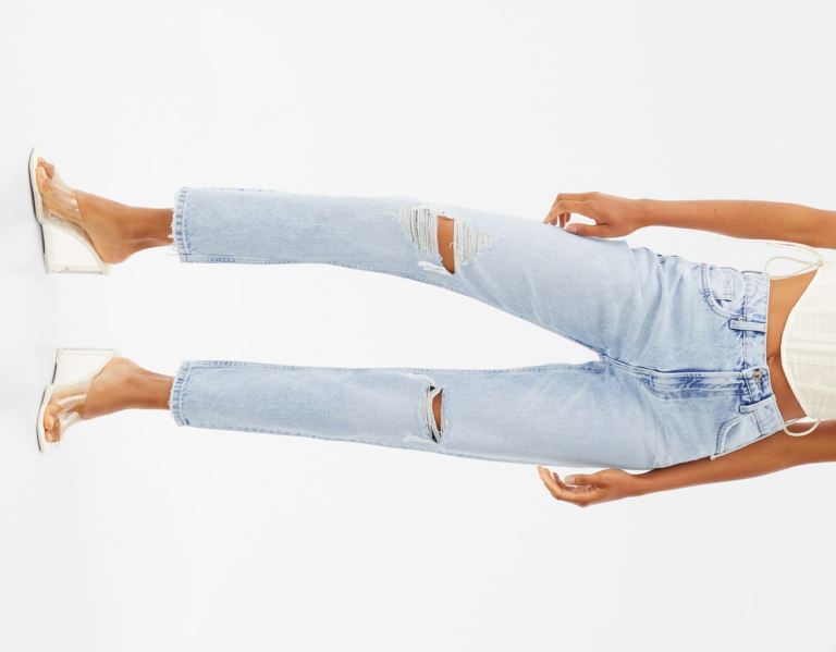 Bershka Ripped Mom Jeans Damen Blau | EAdiKPWh8L9