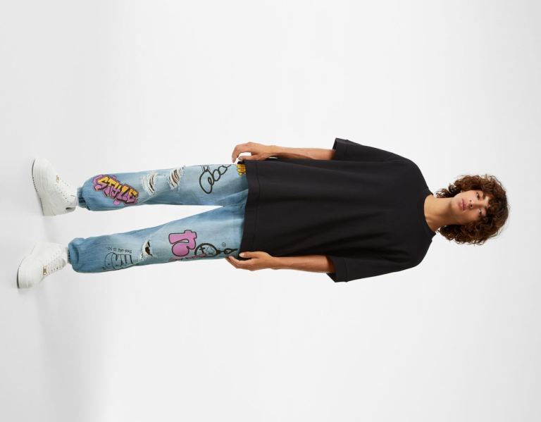 Bershka Ripped Printed Jogger Jeans Herren Hellblau | AcpEYsNQTMR