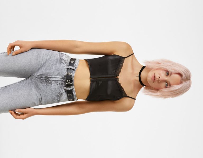 Bershka Satin Finish Crop With Blonde Spitze Detail Oberteile Damen Schwarz | vyD1TVj2n8X