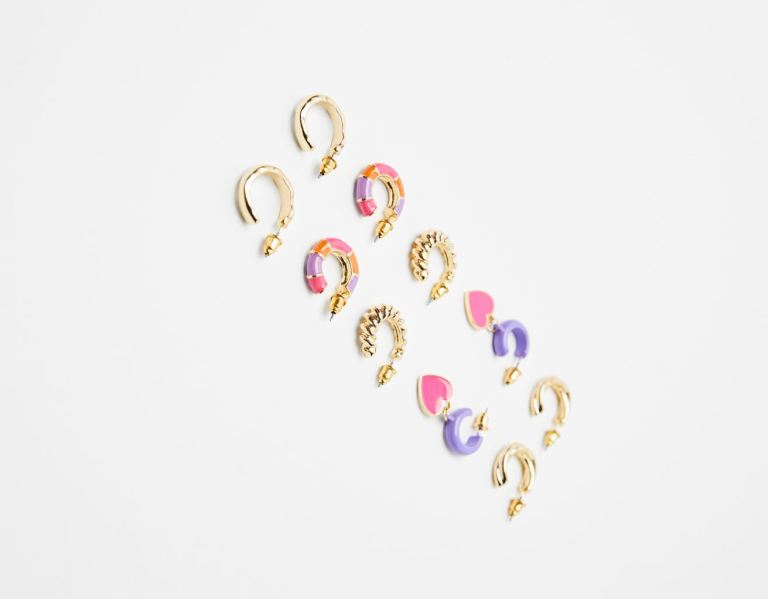 Bershka Set Of 5 Pairs Of Metal Enameled Hoop Earrings With Charms Schmuck Damen Gold | PgNNyihrtxU