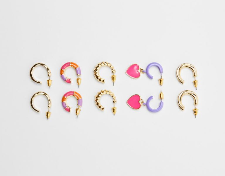 Bershka Set Of 5 Pairs Of Metal Enameled Hoop Earrings With Charms Schmuck Damen Gold | PgNNyihrtxU