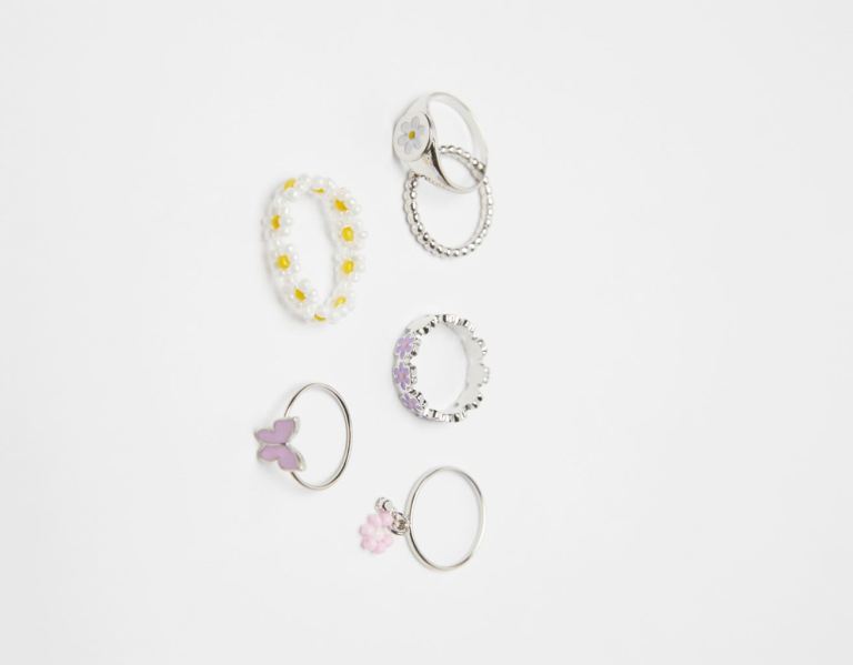 Bershka Set Of 6 Flower Rings Schmuck Damen Silber | GbW1M1l96OR