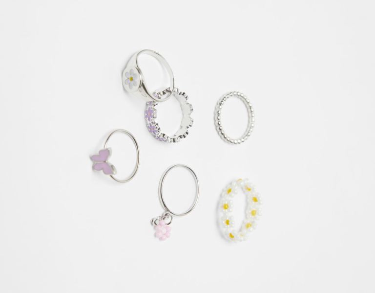 Bershka Set Of 6 Flower Rings Schmuck Damen Silber | GbW1M1l96OR