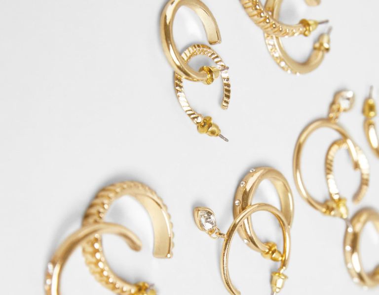 Bershka Set Of 6 Pairs Of Rhinestone Hoop Earrings Schmuck Damen Gold | EfQXJShphII