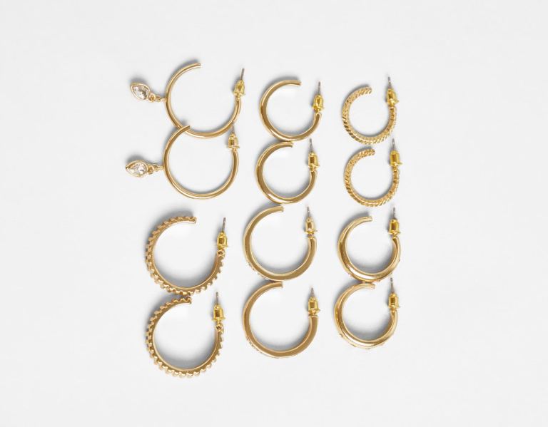 Bershka Set Of 6 Pairs Of Rhinestone Hoop Earrings Schmuck Damen Gold | EfQXJShphII