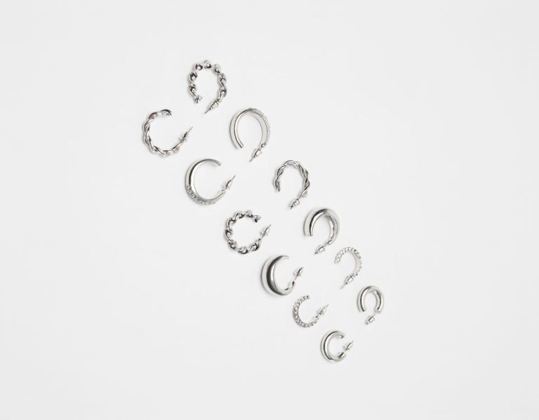 Bershka Set Of 6 Pairs Of Textured Hoop Earrings Schmuck Damen Silber | iMSXjyI6DSK